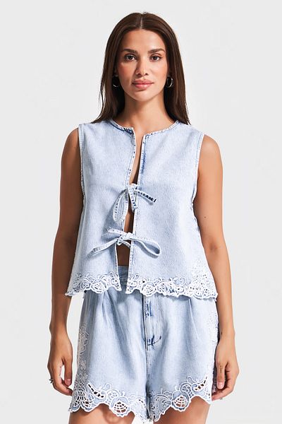 its basic Blugi de zăpadă pentru femei Culoare 3s5-3 Viscoză Bumbac Țesătură Dantela Detaliată Vestă din denim cu mâneci zero
