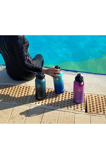 Zahive 1L Insulated Stainless Steel Water Bottle - Ocean Blue (3 Lids, Bag)