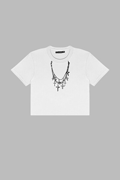 Bak Moda Top crop alb imprimat cu colier cu cruce