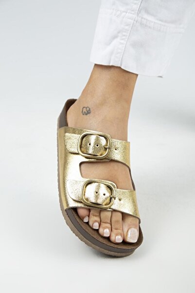 Manijero Jazmin Women's Genuine Leather Double Buckle Gold Slippers