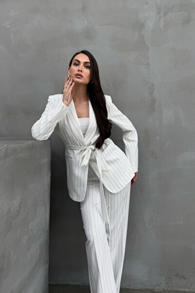 spirituel Women's Striped Belted Blazer Jacket Pants Suit