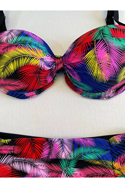 hazelin Women's Black Yellow Red Multi Color Patterned Lined Plus Size Bikini Set Hzl25S-Lc06