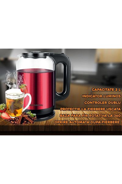 Hausberg Rychlovarná konvice HB-3622RS, 1800W, 2L, automatické vypnutí, kontrolka, červeno-černá
