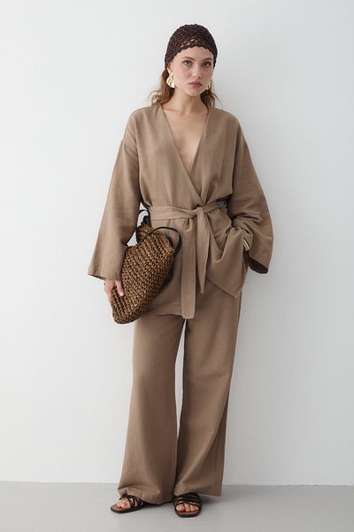 Laluvia Milchkaffee-Baumwoll-Kimono-Hosenanzug mit weitem Bein