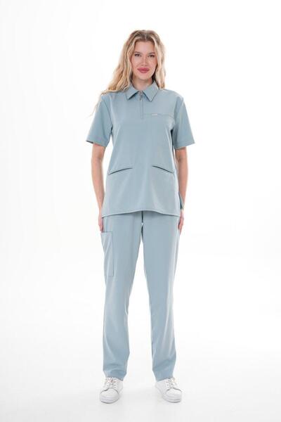Generic Brand Uniformă chirurgicală pentru femei, cu guler din Lycra, mâneci false, cu fermoar, uniformă chirurgicală
