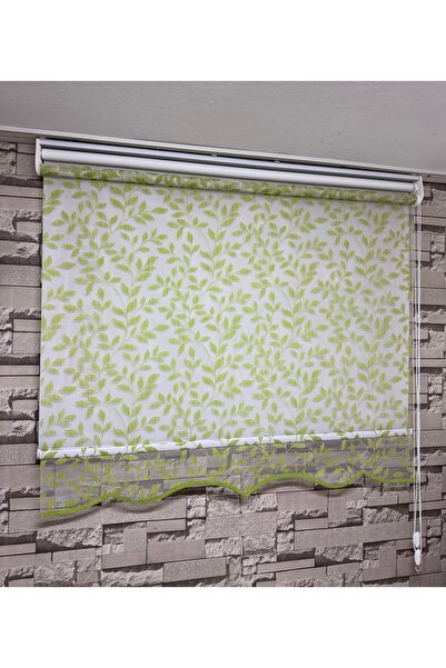 PERDECİNİZ YEŞİL YAPRAKLI DESENLİ ÇİFTLİ SİSTEM TÜL STOR PERDE ALÜMİNYUM KASA...