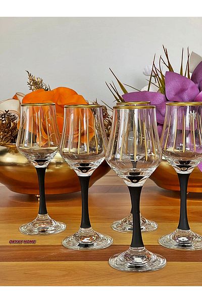 P&ORA PREMIUM KITCHEN PRODUCTS 6-Person Gilded Black Foot Coffee Side Water Soft Drink Glass Dowry Gift Luxury