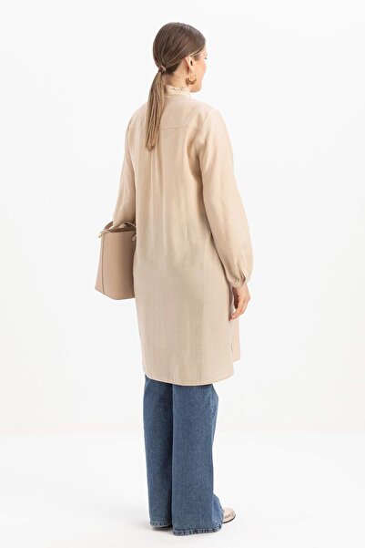 ALLDAY Μπεζ μακρύ πουκάμισο με βολάν με κορδόνια