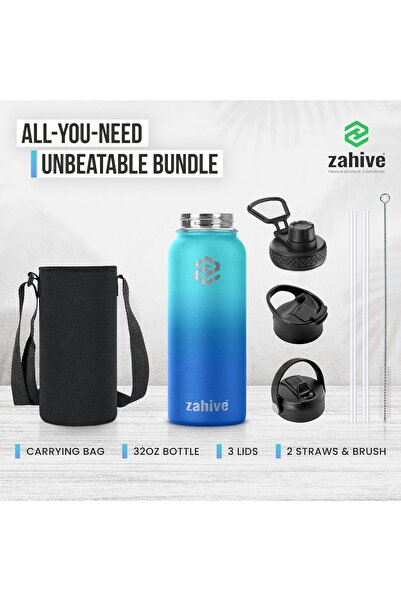 Generic Zahive Stainless Steel Water Bottle 1l with 3 Lids & Bag - Insulated Water Bottle with Straw - 1000m