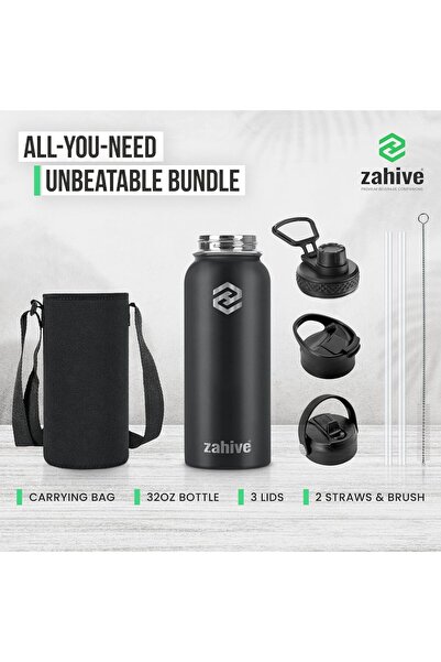 Generic Zahive Stainless Steel Water Bottle 1000ml with 3 Lids & Bag - Insulated Thermos Flask (32oz, Black)