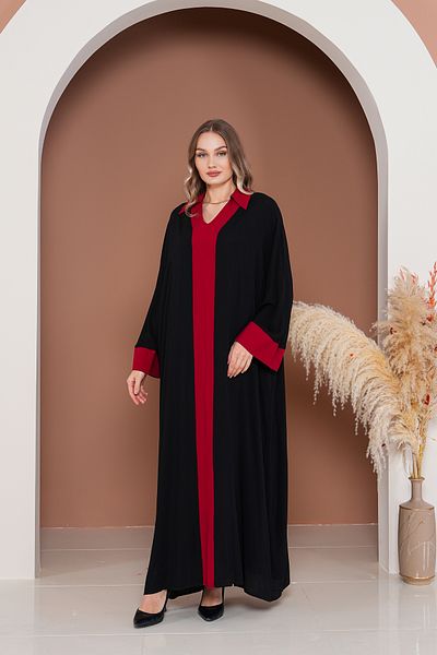 EL jadida Women's Embroidered Garnished Plus Size Viscose Long Dress Black Claret Red