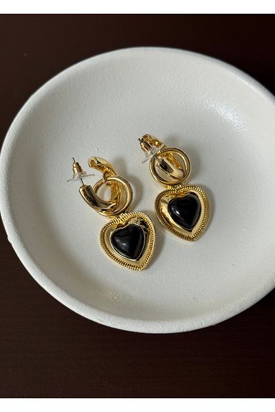 KİLİGİSTANBUL Black Heart Gold Earrings 5 cm Length
