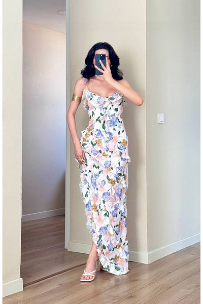 LOCH BUTİK Women's Floral Print Ruffle Slit Maxi Dress with Straps