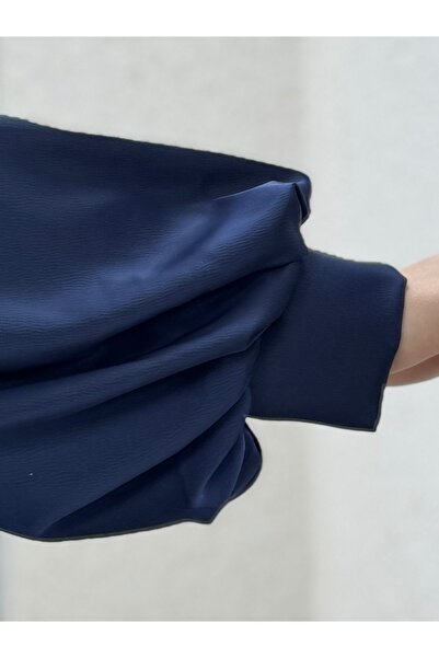 Mihra Yeleria Chest Drawstring Detailed Satin Evening Dress-Pa9365 Navy Blue