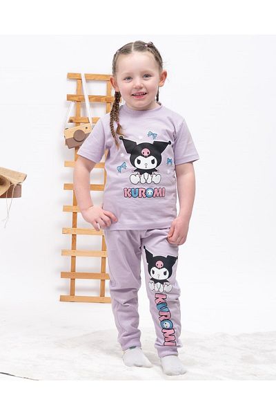 Ege Bebek Girl's Summer Kuromi Printed Summer Short Sleeve 100% Cotton Nightwear Pajama Set