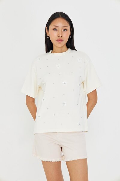 TIFFANY&TOMATO Taşlı Çiçekli Bambu T-Shirt