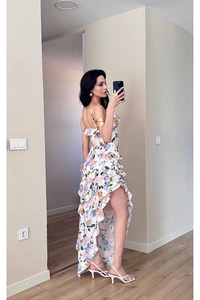 LOCH BUTİK Women's Floral Print Ruffle Slit Maxi Dress with Straps