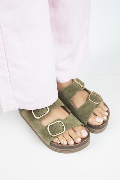Manijero Alexa Women's Leather Genuine Leather Double Buckle Platform Khaki Slippers