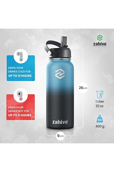 Zahive 1L Stainless Steel Insulated Water Bottle with 3 Lids, Straw & Bag (Blue Black)