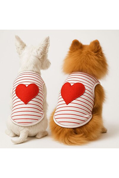 DOGİ&DOG Küçük Irk Kırmızı Çizgili Heart Kedi Atleti Köpek Atleti Köpek Kıyaf...