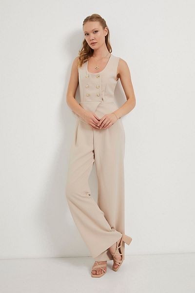 Arma Life Women's Summer Strap Buttoned Cream Pants Jumpsuit
