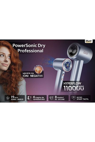 iHunt Uscător de păr PowerSonic Dry, fără perii, Ion Glide, 110000 rpm, 1600W, argintiu