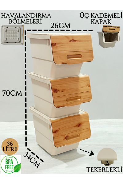 Mulina Home 3'lü Bambu Desenli Patateslik Soğanlık & Çok Amaçlı Sepet 36Lt