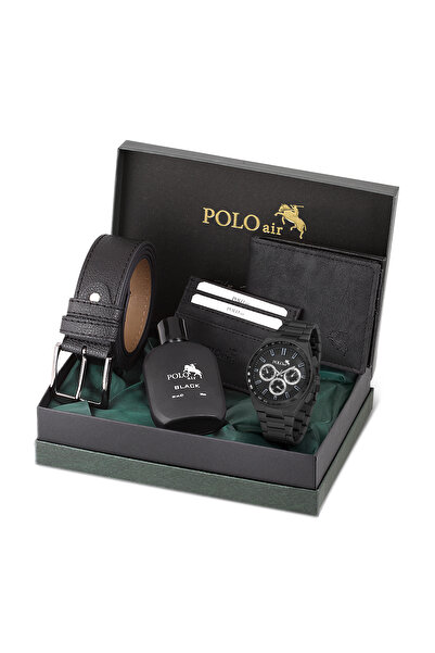 Polo Air Erkek Kol Saati Cüzdan Kemer Kartlık Parfüm Kombin Set Siyah Renk PL...