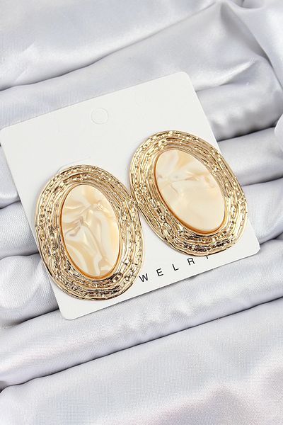 SeyCey.co Brass Marble Patterned Beige Oval Vintage Model Gold Color Women's Earrings