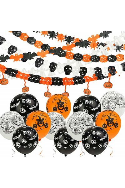 Koogel Set of 6 garlands and 12 balloons for Halloween Koogel, white/black/orange, paper/latex