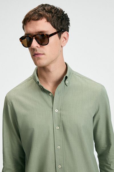 GRIMELANGE Perttu Men's 100% Cotton Slim Fit Slim Fit Button Collar Linen Look Flared Khaki Shirt