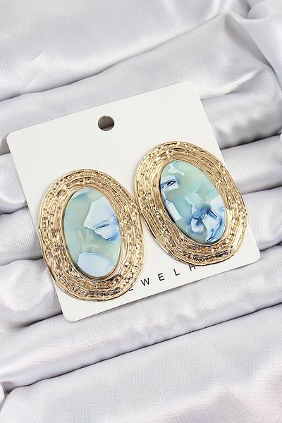 SeyCey.co Brass Marble Patterned Blue Oval Vintage Model Gold Color Women's Earrings