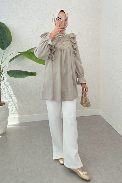 Salih Çelebi Shoulder Ruffle Detailed Tunic 2044 - Dark Beige