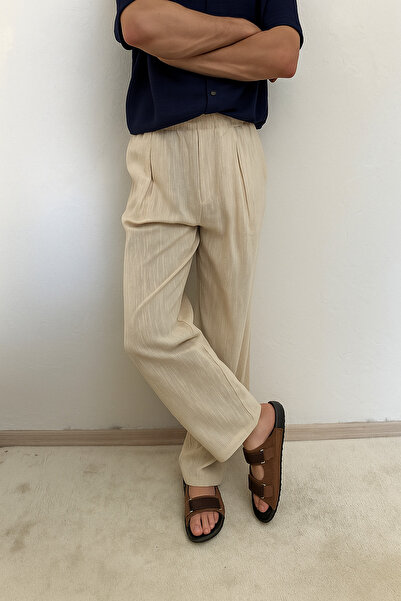 MİRMARONİ Ανδρικό παντελόνι με πλισέ άνετο λινό με υφή