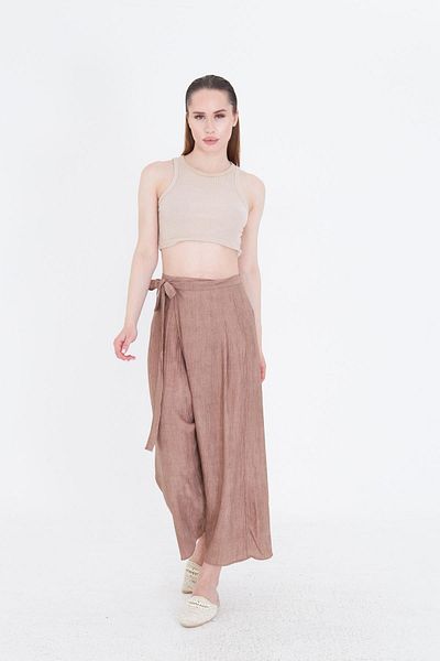 Kutaf Women's Brown Belted Shalwar Cut Double Breasted Trousers