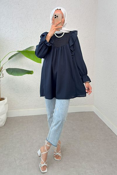 Salih Çelebi Shoulder Ruffle Detailed Tunic 2044 - Dark Blue
