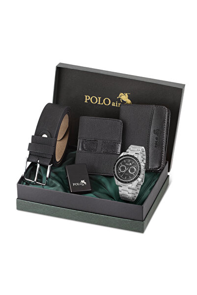 Polo Air Spor Kasa Erkek Kol Saati Cüzdan Kemer Kartlık Çakmak Kombin Set Siy...