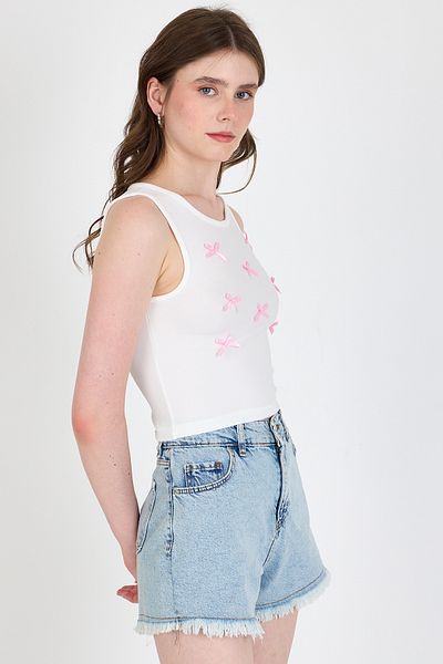 Rays Ecru Bow Embroidered Crop Knitted Undershirt 0849