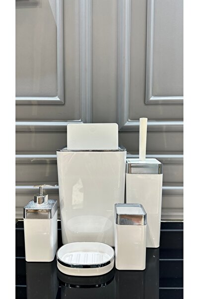 Vakıf home 5 Parça Akrilik Kare Gümüş Beyaz Banyo Seti Çöp Kovası Fırçalık