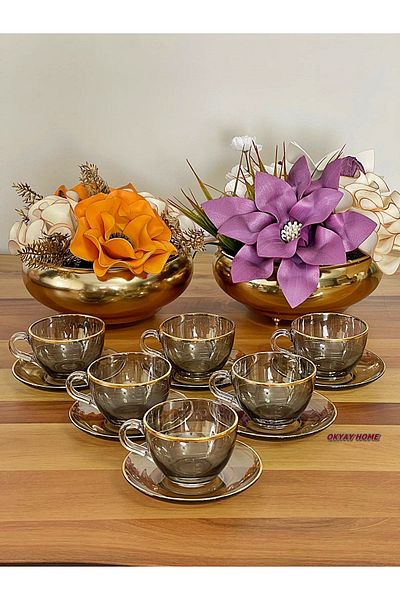 P&ORA PREMIUM KITCHEN PRODUCTS Basic Cup Set 12 Pieces for 6 People Smoked Gold Gilded (Real) Tea Set Coffee Set Gift