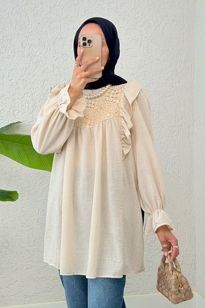Salih Çelebi Shoulder Ruffle Detailed Tunic 2044 - Stone Color
