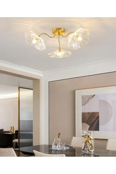 burenze Luxury Modern Exclusive Tasarım Şeffaf Kristal Camlı Flower Çiçek Üçlü Avize Eskitme Gold Sarı