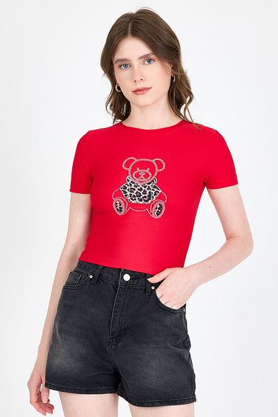Rays Tricou Crop Slim Fit cu imprimeu ursuleț roșu 0549