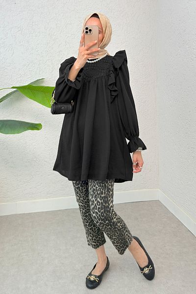 Salih Çelebi Shoulder Ruffle Detailed Tunic 2044 - Black