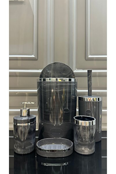 Vakıf home Yuvarlak Mermer Desen Gümüş Renk Akrilik Banyo Seti Çöp Kovalı