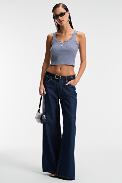 GRIMELANGE Mavsera Women's Thick Strap U-Neck Buttoned Crop Slim Navy Blue / White Undershirt