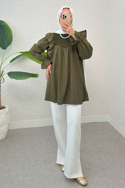 Salih Çelebi Shoulder Ruffle Detailed Tunic 2044 - Dark Khaki