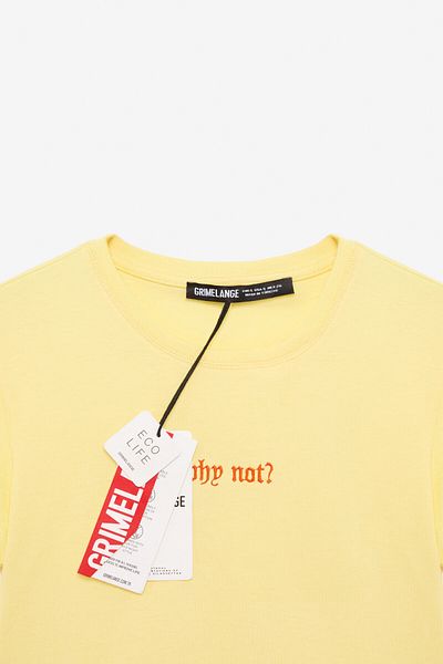 GRIMELANGE Zeraya Women's Crew Neck Short Sleeve Crop Yellow T-Shirt with Embroidery Detail on the Front