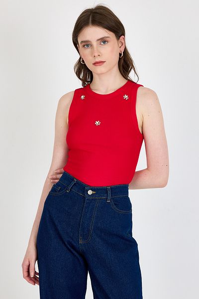Rays Red Pearl Stone Detailed Halter Neck Ribbed Undershirt 0649