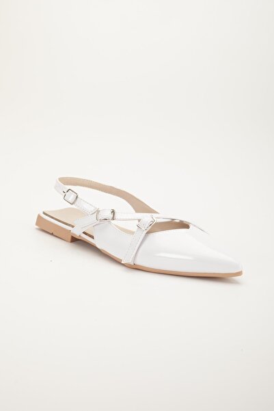 Dilimler Ayakkabı Badın Babet White Patent Leather Cross Strap Open Back Pointed